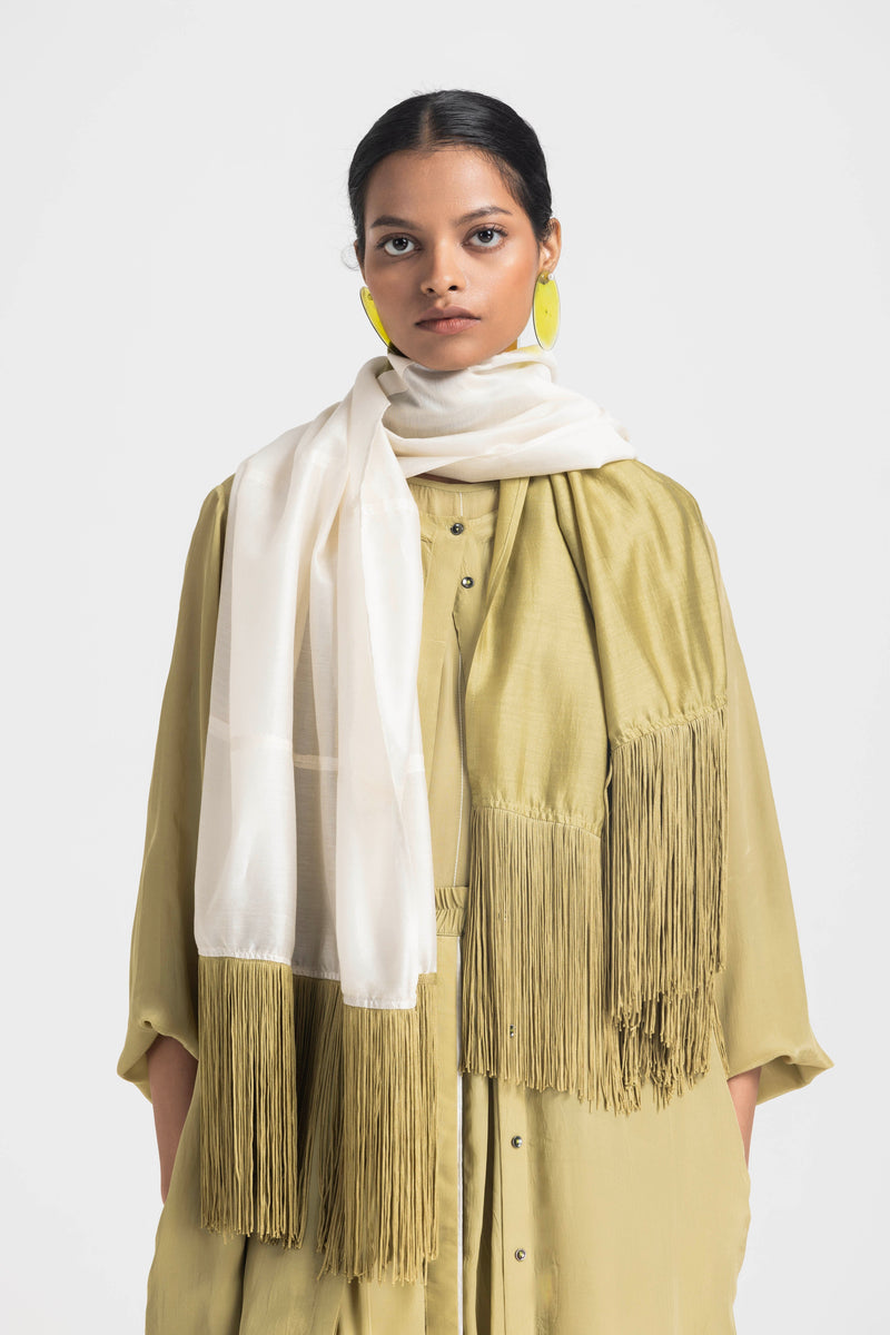 FRINGE SCARF- MOSS GREEN & IVORY chanderi by THREE for women Worldwide