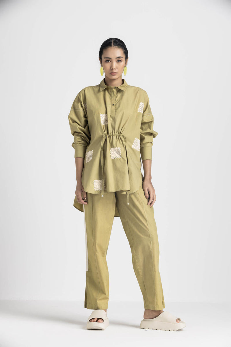 EMB. DRAWSTRING TOP CO ORD - MOSS GREEN poplin by THREE in green color for women Worldwide