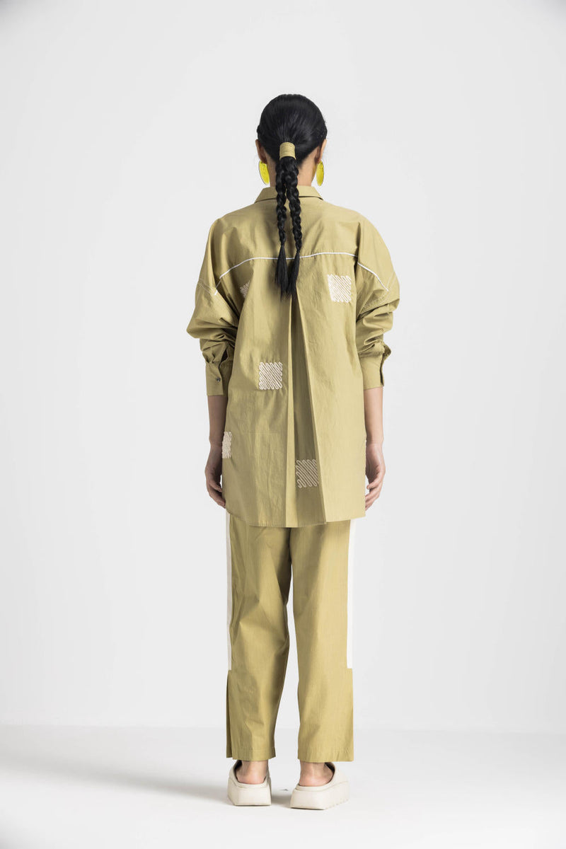 EMB. DRAWSTRING TOP CO ORD - MOSS GREEN poplin by THREE in green color for women Worldwide