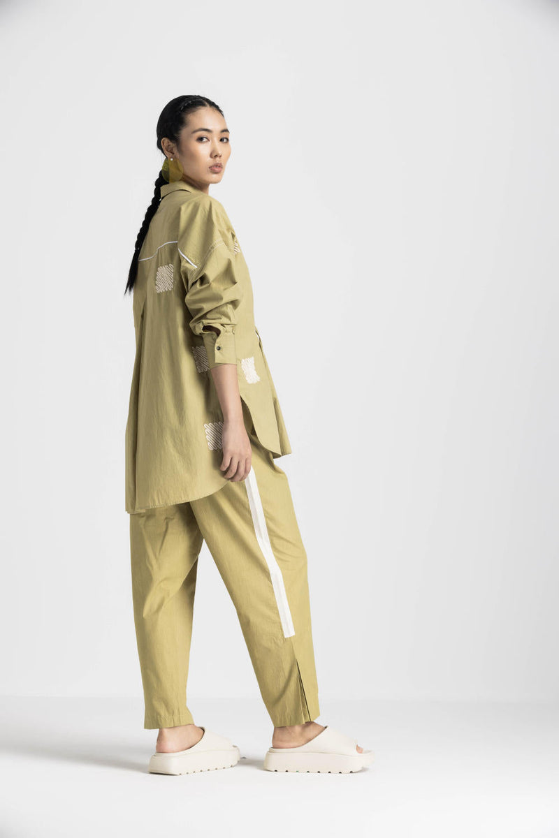 EMB. DRAWSTRING TOP CO ORD - MOSS GREEN poplin by THREE in green color for women Worldwide