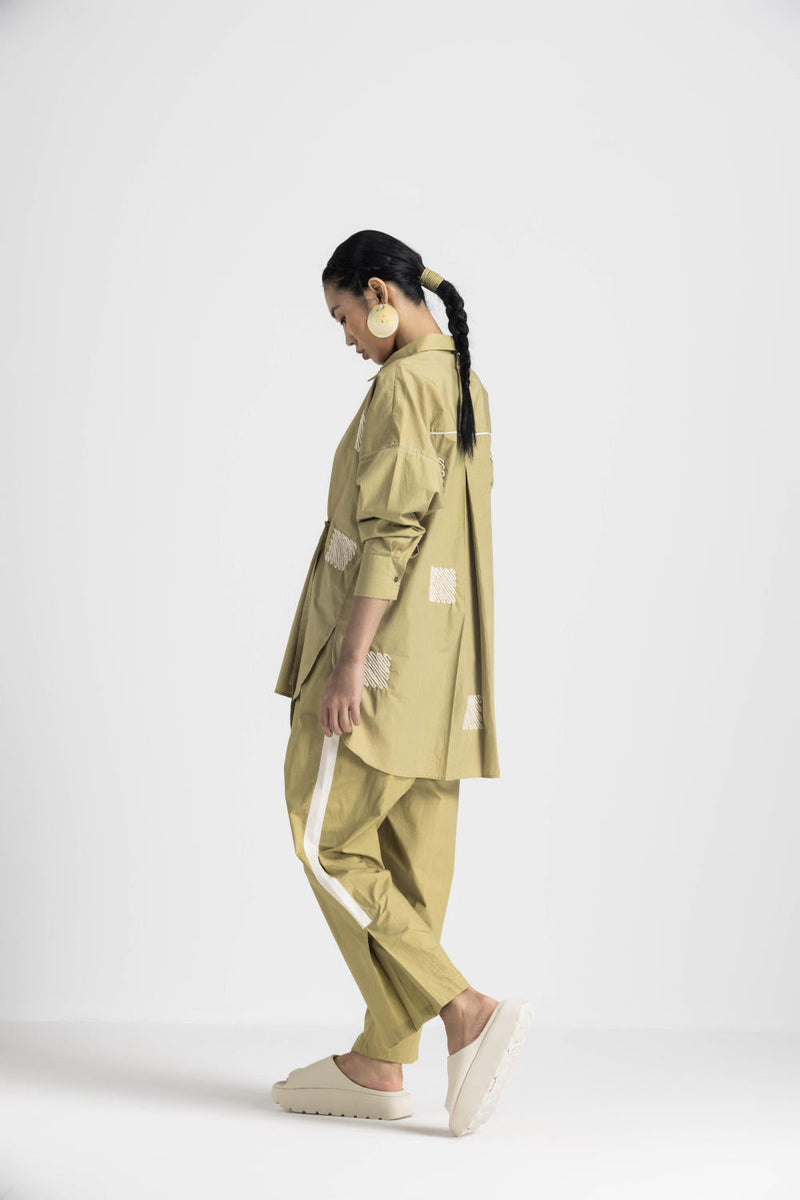 EMB. DRAWSTRING TOP CO ORD - MOSS GREEN poplin by THREE in green color for women Worldwide