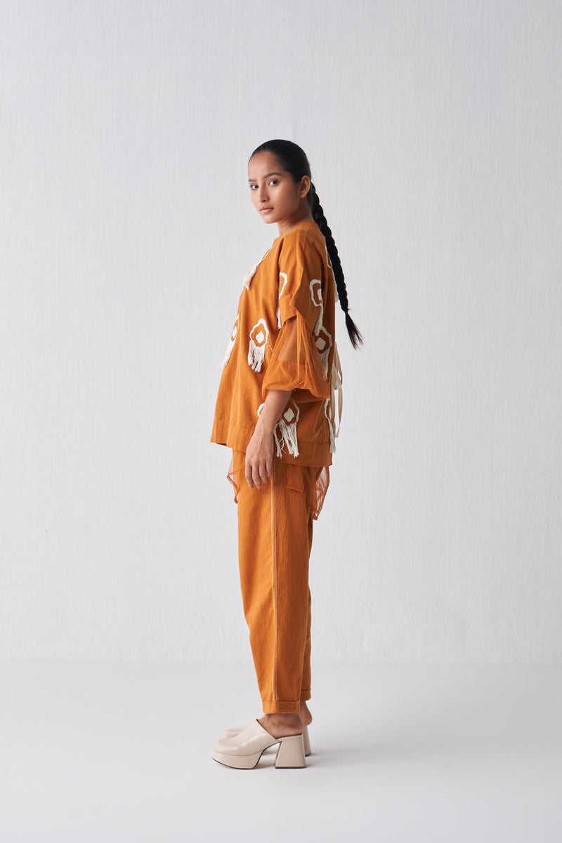 FRINGE LAYERED TOP CO-ORD Co-ord Set by THREE in rust color for women Worldwide