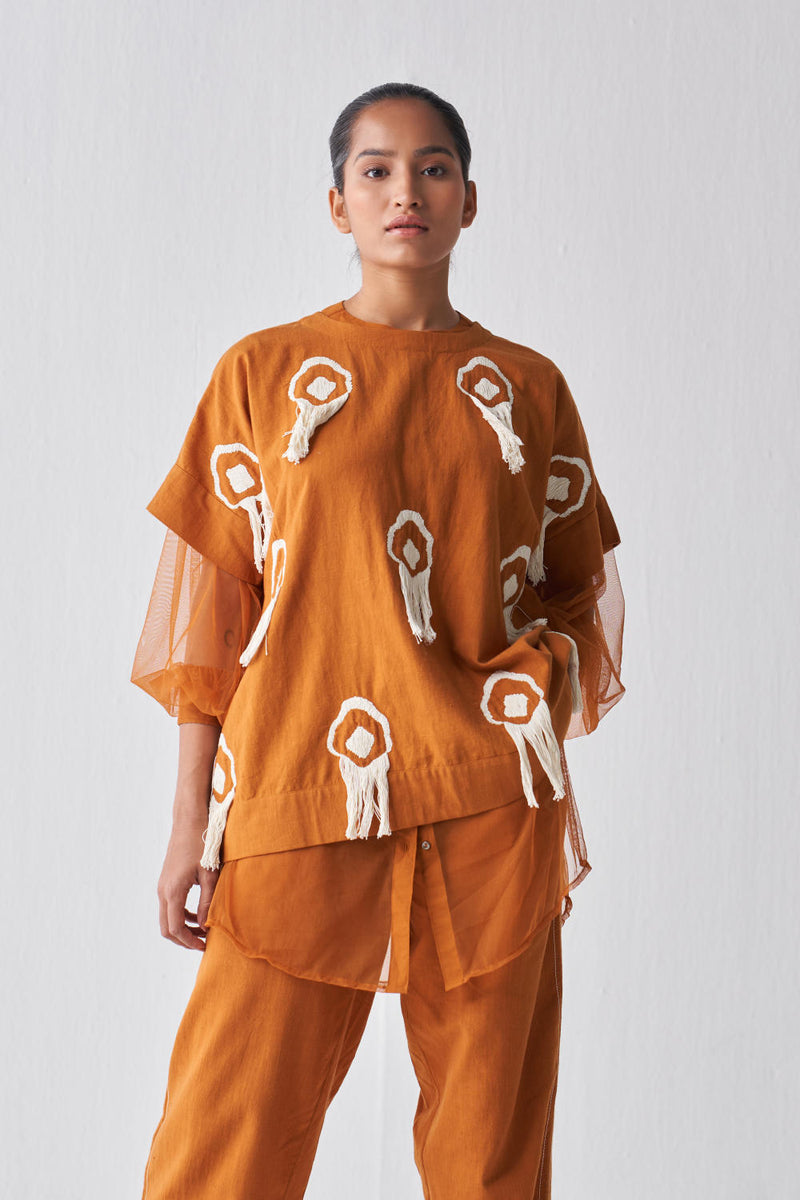 FRINGE LAYERED TOP CO-ORD Co-ord Set by THREE in rust color for women Worldwide