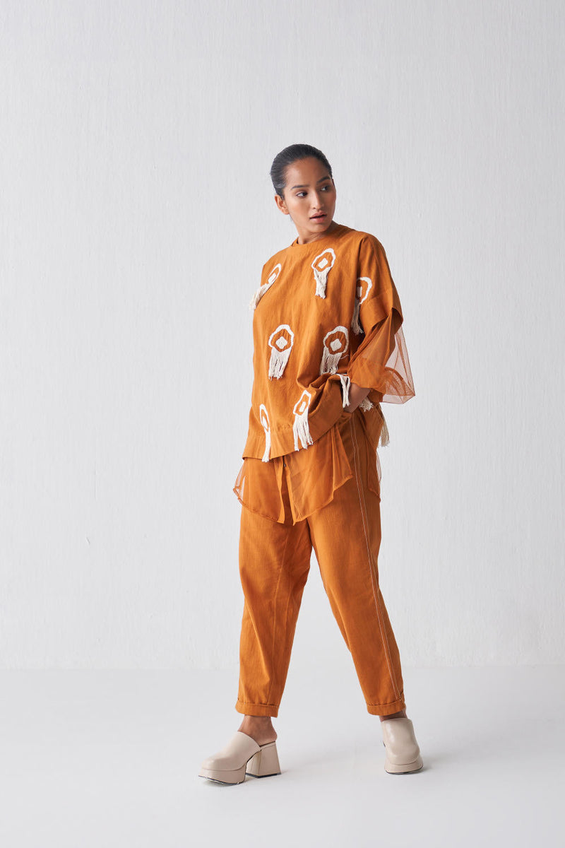 FRINGE LAYERED TOP CO-ORD Co-ord Set by THREE in rust color for women Worldwide