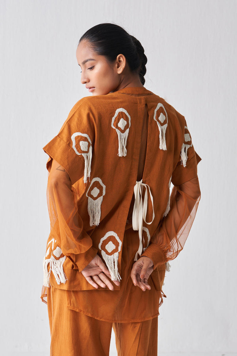 FRINGE LAYERED TOP CO-ORD Co-ord Set by THREE in rust color for women Worldwide