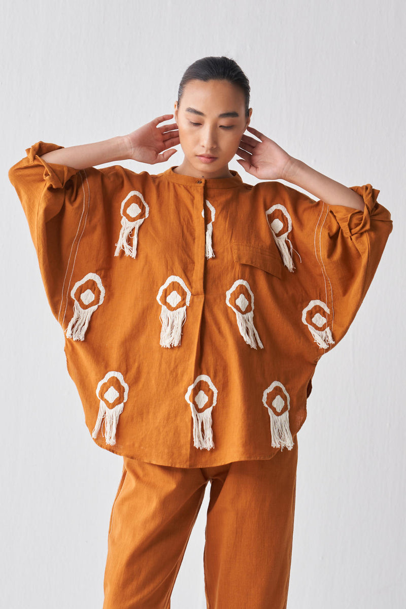 FRINGE BAT SLEEVE TOP CO-ORD Co-ord Set by THREE in rust color for women Worldwide