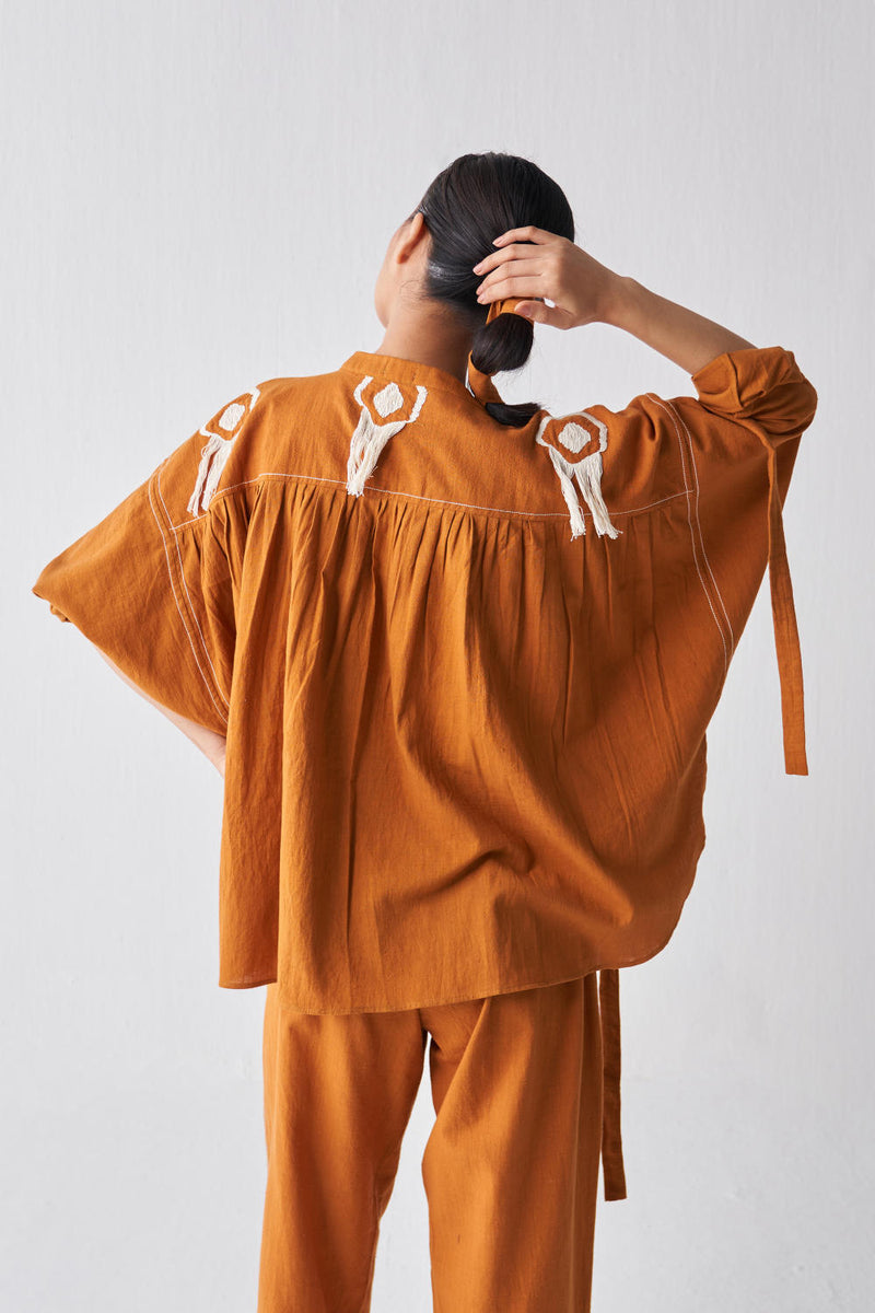 FRINGE BAT SLEEVE TOP CO-ORD Co-ord Set by THREE in rust color for women Worldwide