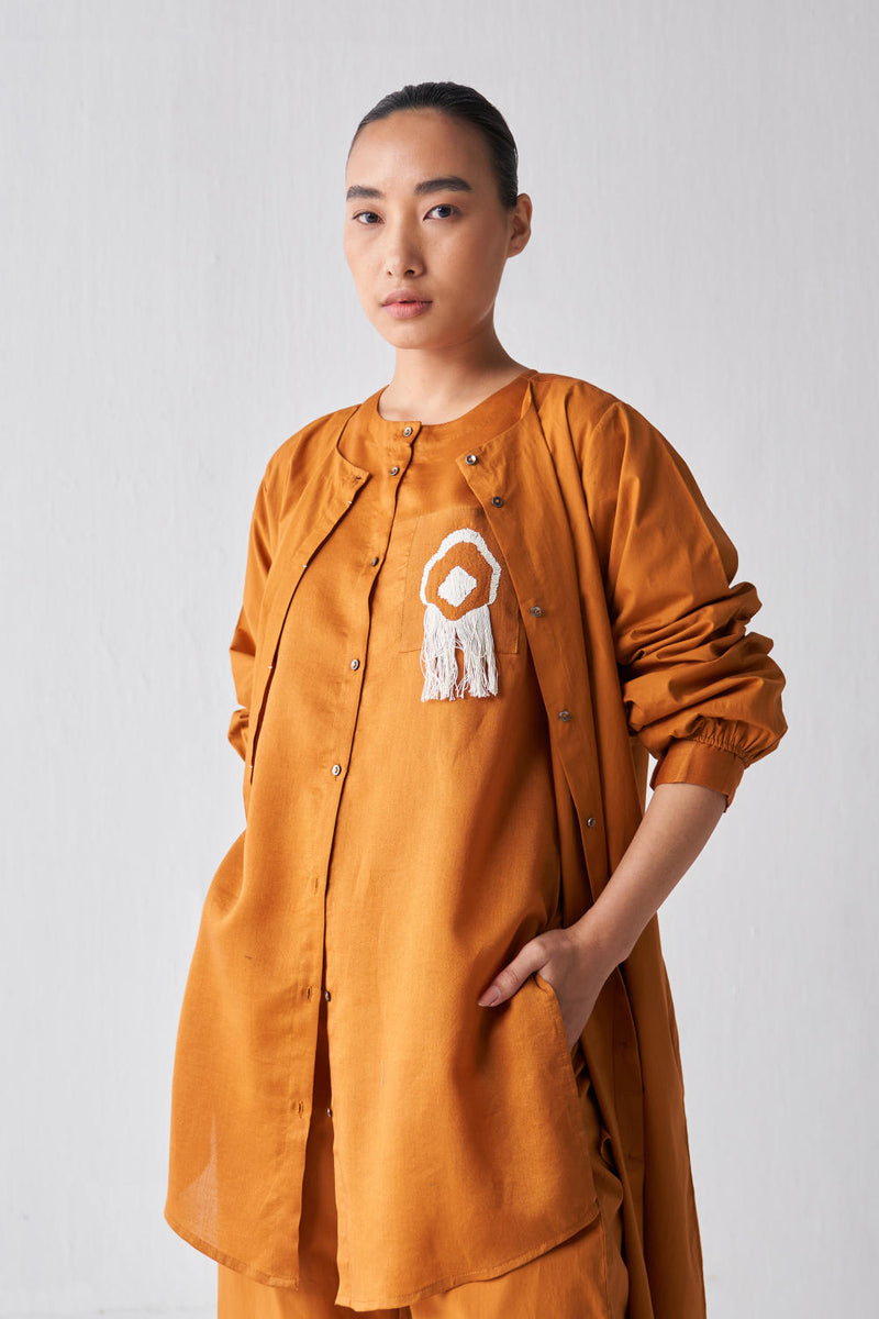 FRINGE SHIRT CO-ORD (SET OF 3) Co-ord Set,Top & Tunics by THREE in rust color for women Worldwide