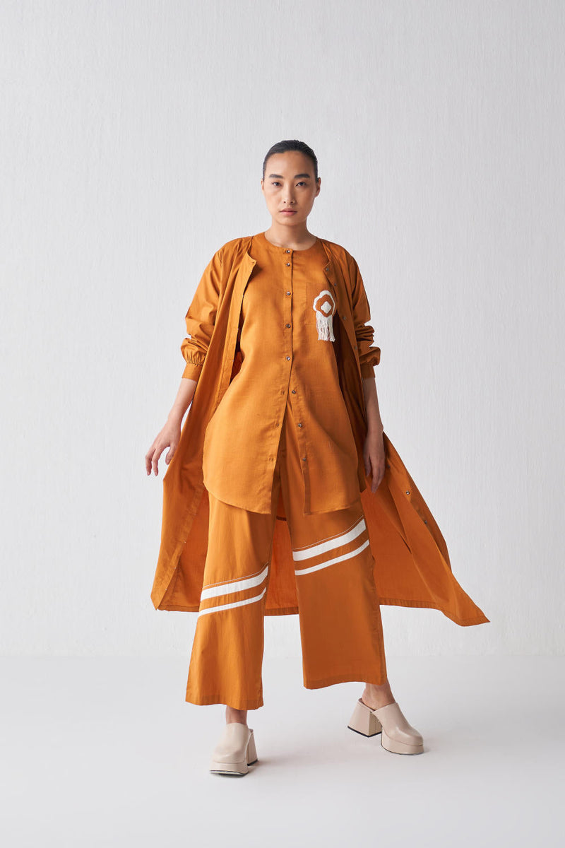 FRINGE SHIRT CO-ORD (SET OF 3) Co-ord Set,Top & Tunics by THREE in rust color for women Worldwide