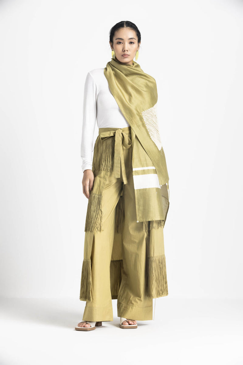 FRINGE SKIRT PANT - MOSS GREEN poplin by THREE in green color for women Worldwide