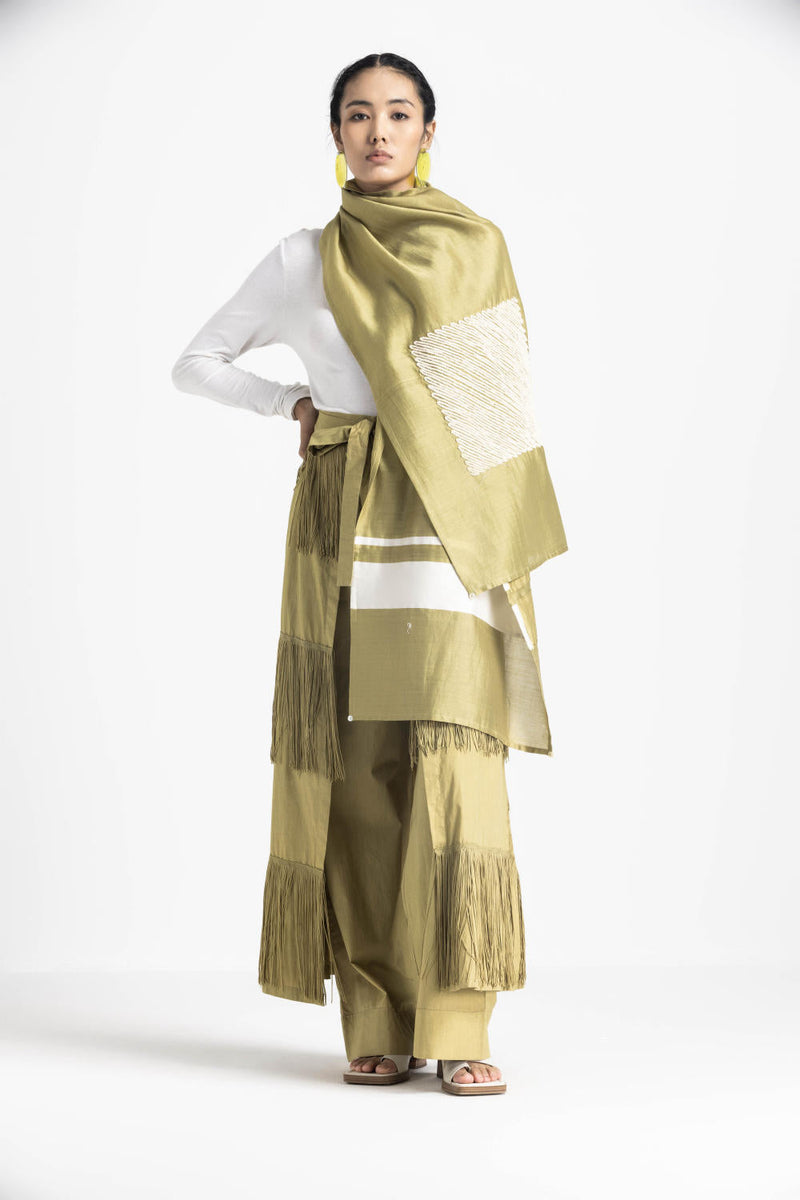 FRINGE SKIRT PANT - MOSS GREEN poplin by THREE in green color for women Worldwide