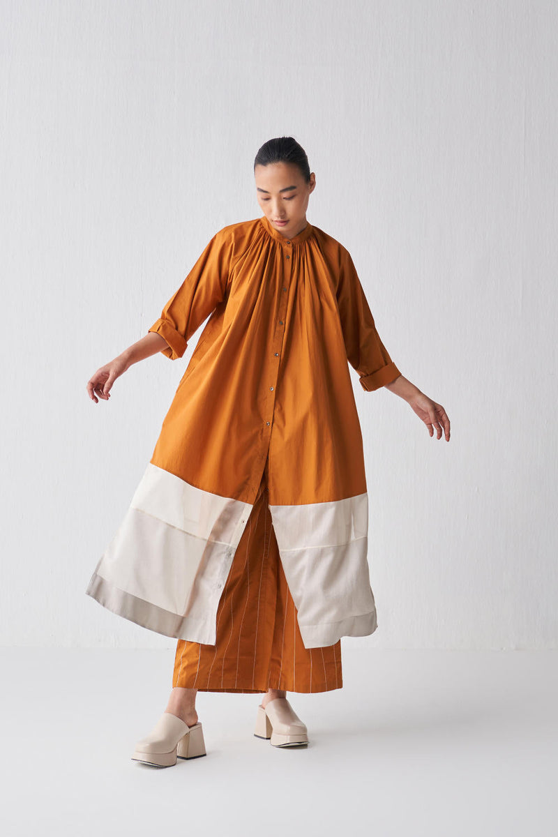 GATHERED NECK SHIRT CO-ORD Kurta Sets,Top & Tunics by THREE in rust color for women Worldwide
