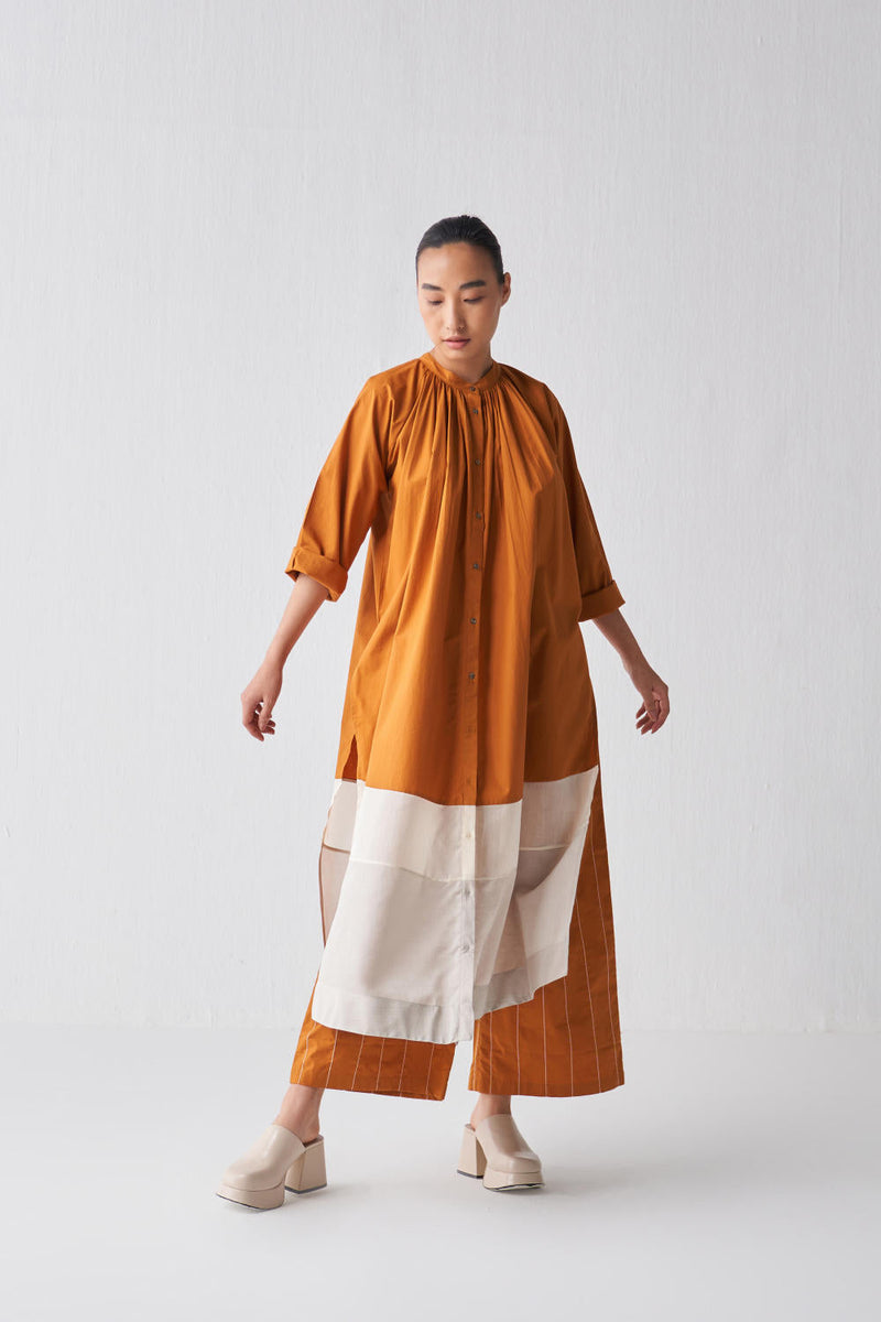 GATHERED NECK SHIRT CO-ORD Kurta Sets,Top & Tunics by THREE in rust color for women Worldwide