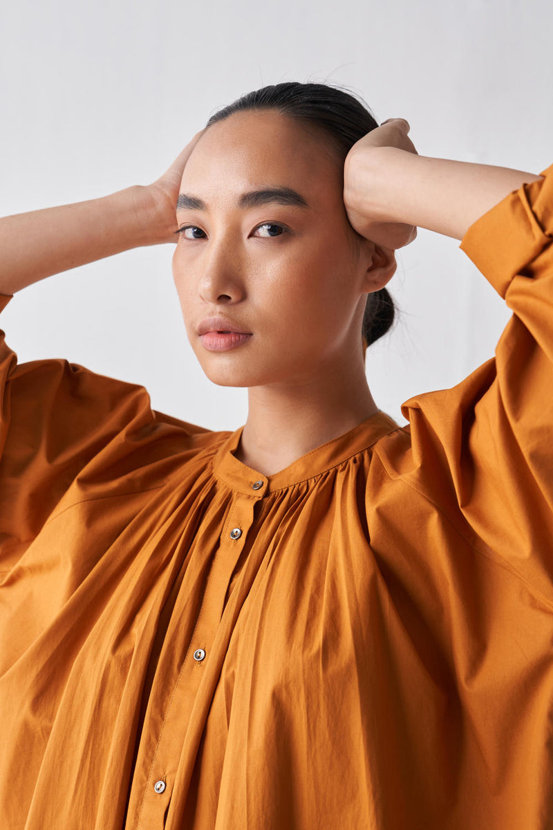 GATHERED NECK SHIRT CO-ORD Kurta Sets,Top & Tunics by THREE in rust color for women Worldwide