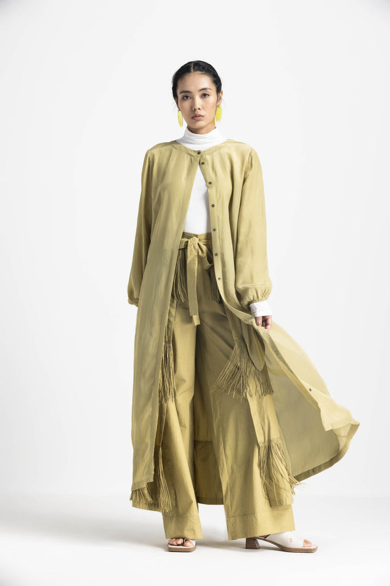 FRINGE SKIRT PANT CO ORD - MOSS GREEN by THREE in green color for women Worldwide