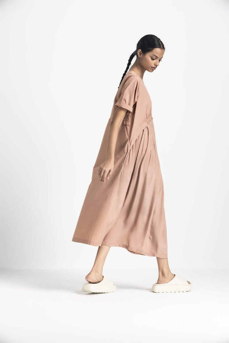 YOKE GATHER DRESS CO ORD - CHAMPAGNE by THREE in pink color for women Worldwide