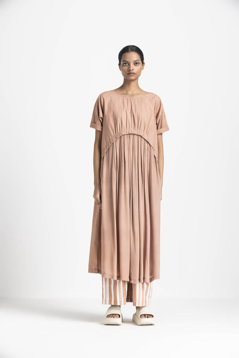 YOKE GATHER DRESS CO ORD - CHAMPAGNE by THREE in pink color for women Worldwide
