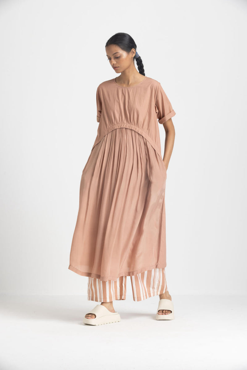 YOKE GATHER DRESS - CHAMPAGNE poplin by THREE in pink color for women Worldwide