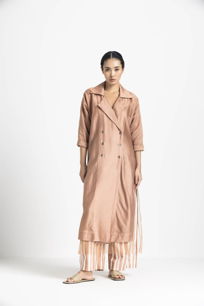 OVERLAP KAFTAN CO ORD (SET OF 3) - CHAMPAGNE chanderi by THREE in pink color for women Worldwide
