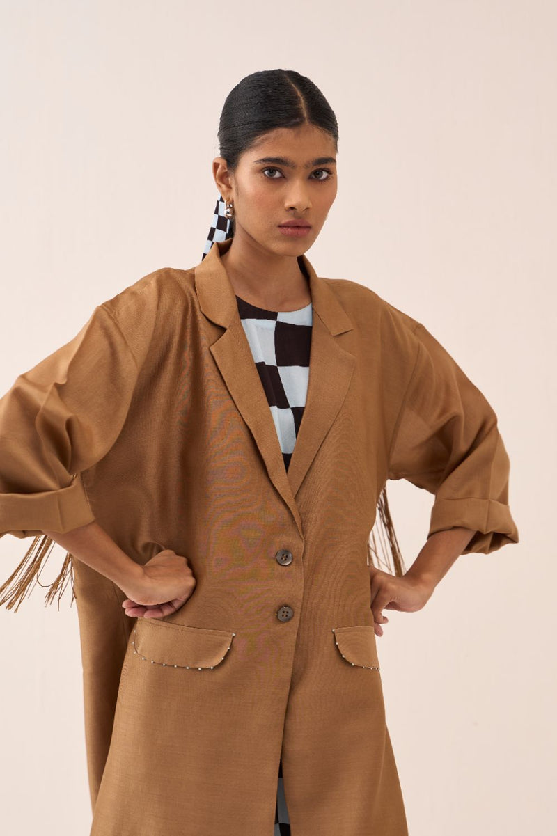 Back Tie Overlay Jacket (Set Of 2) chanderi by THREE in sand color for women Worldwide