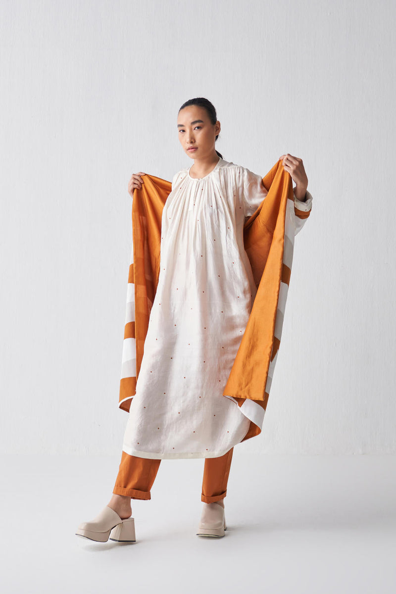 GATHER NECK DRESS( RUST POLKA) Dress by THREE in rust color for women Worldwide
