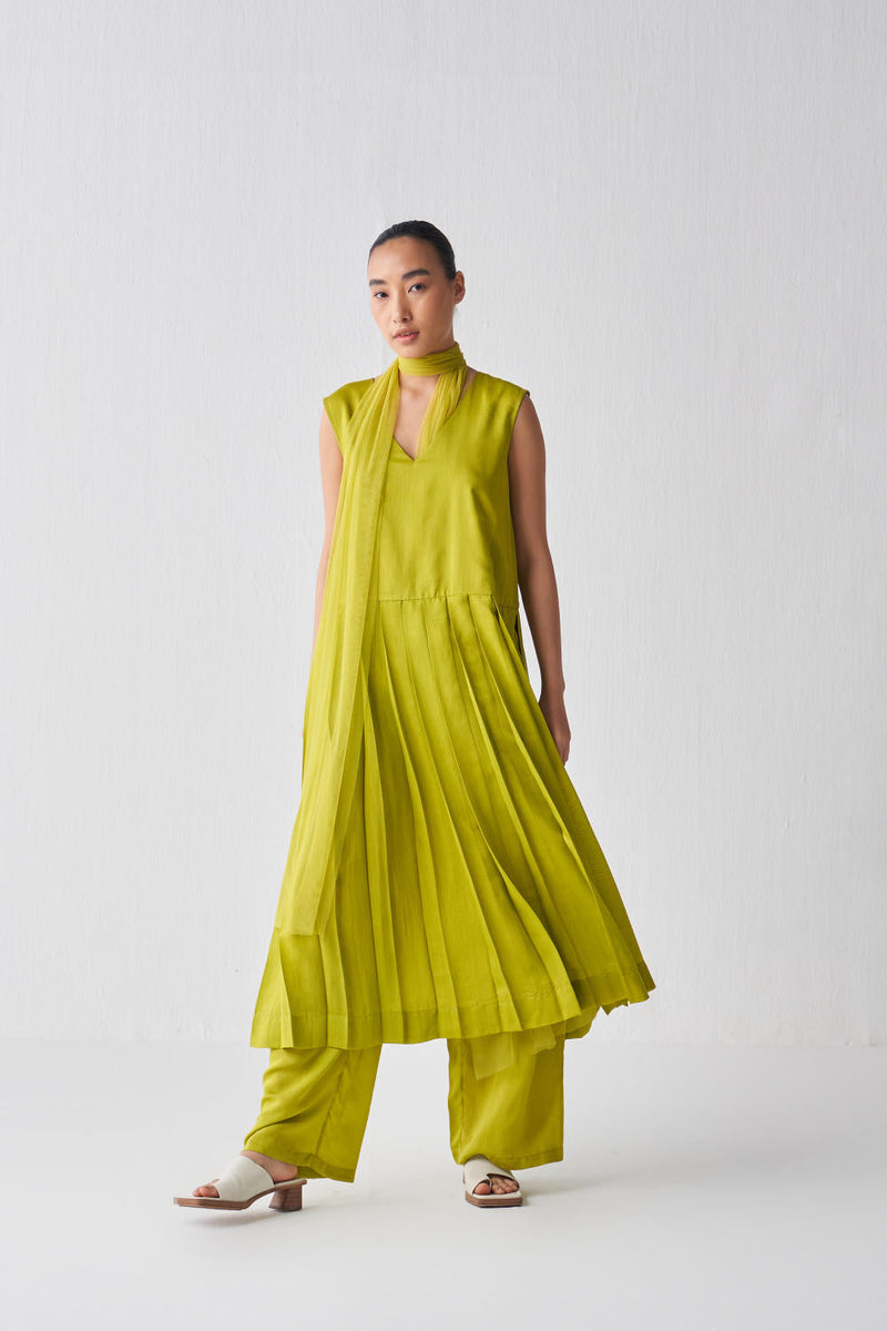 WAIST PLEAT TUNIC CO-ORD-LIME Kurta Sets,Bottoms,Top & Tunics by THREE for women Worldwide