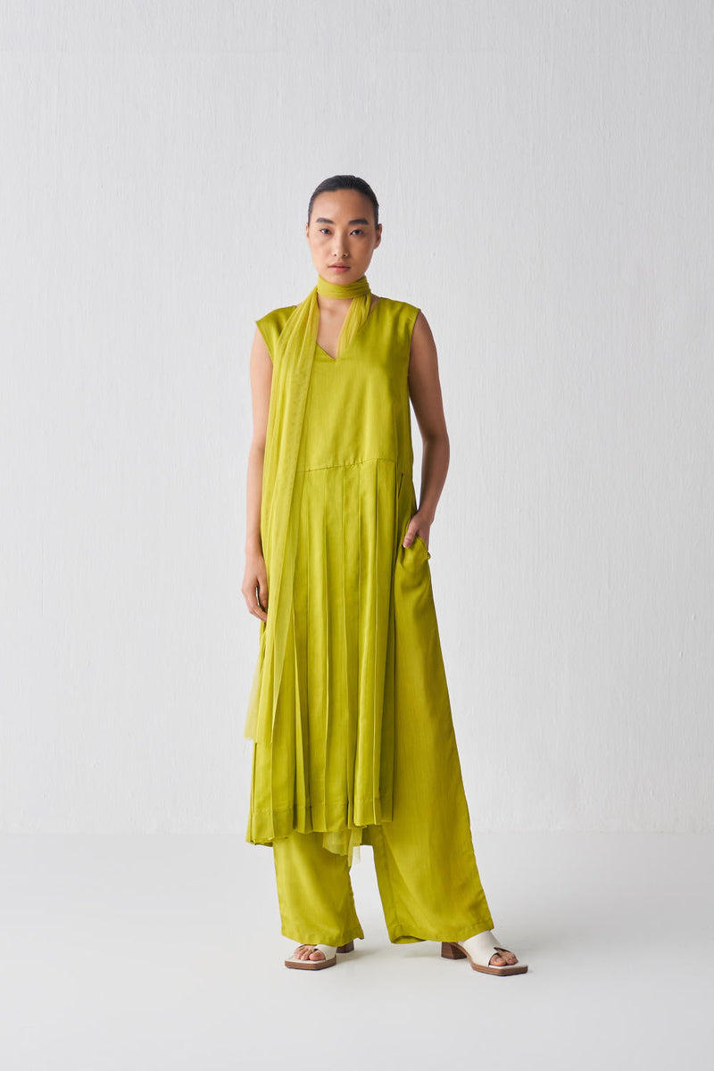 WAIST PLEAT TUNIC CO-ORD-LIME Kurta Sets,Bottoms,Top & Tunics by THREE for women Worldwide