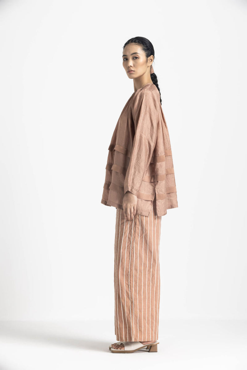 MULTI PLEAT TOP CO ORD - CHAMPAGNE silk by THREE in pink color for women Worldwide