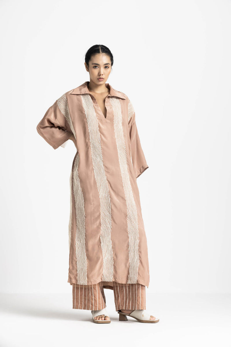 V NECK COLLARED KAFTAN - CHAMPAGNE by THREE in pink color for women Worldwide
