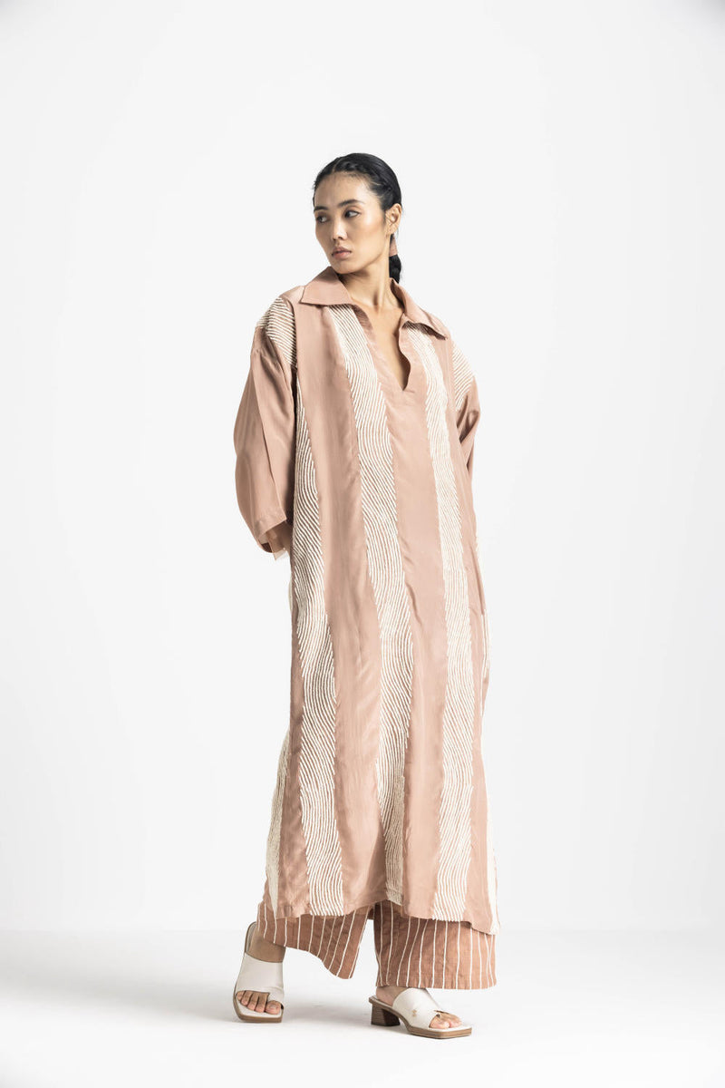 V NECK COLLARED KAFTAN - CHAMPAGNE by THREE in pink color for women Worldwide