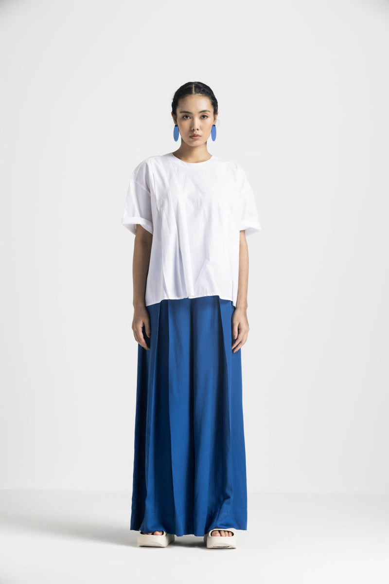ASYMMETRIC PLEAT TOP CO ORD - ELECTRIC BLUE poplin by THREE in blue color for women Worldwide