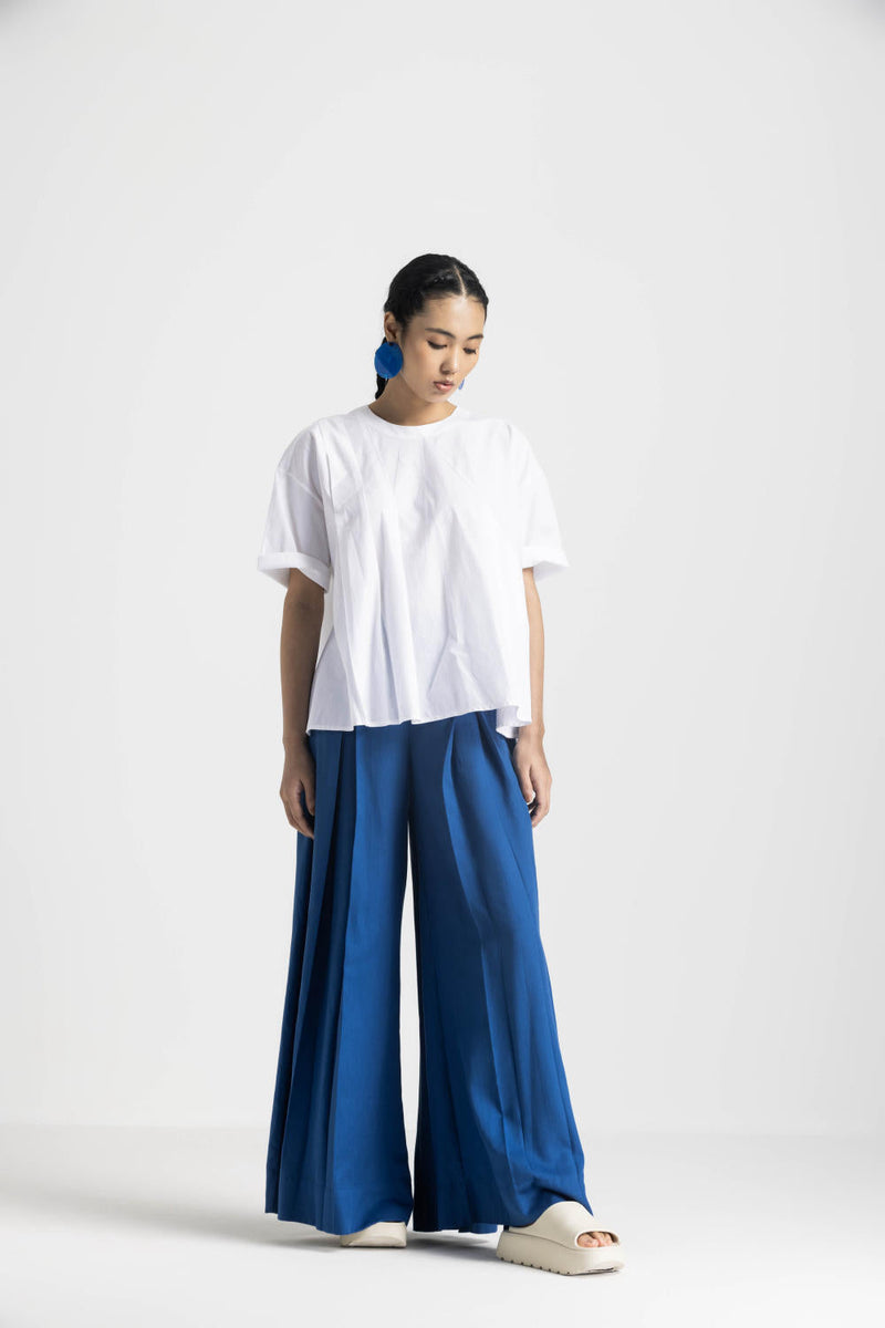 ASYMMETRIC PLEAT TOP CO ORD - ELECTRIC BLUE poplin by THREE in blue color for women Worldwide