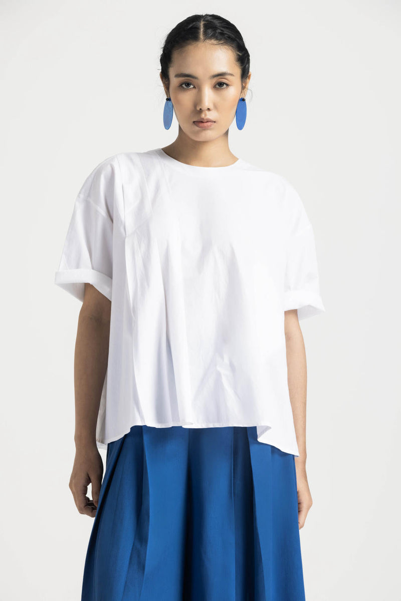 ASYMMETRIC PLEAT TOP CO ORD - ELECTRIC BLUE poplin by THREE in blue color for women Worldwide