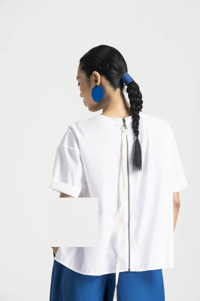ASYMMETRIC PLEAT TOP CO ORD - ELECTRIC BLUE poplin by THREE in blue color for women Worldwide
