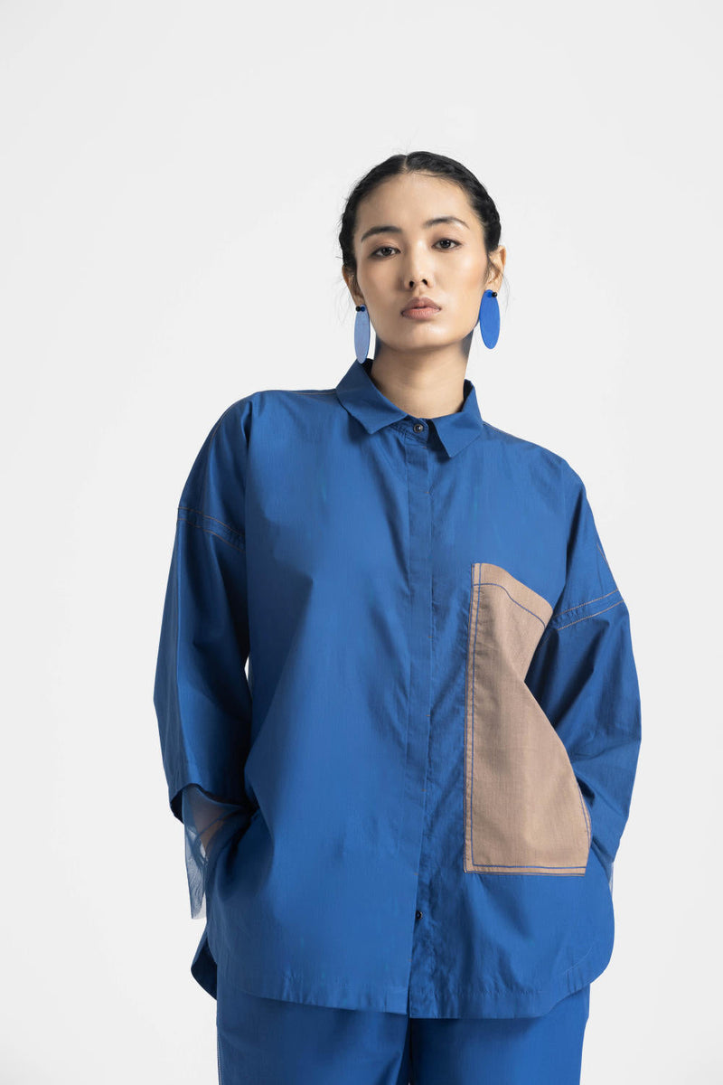 CONTRAST DETAIL SHIRT - ELECTRIC BLUE poplin by THREE in blue color for women Worldwide