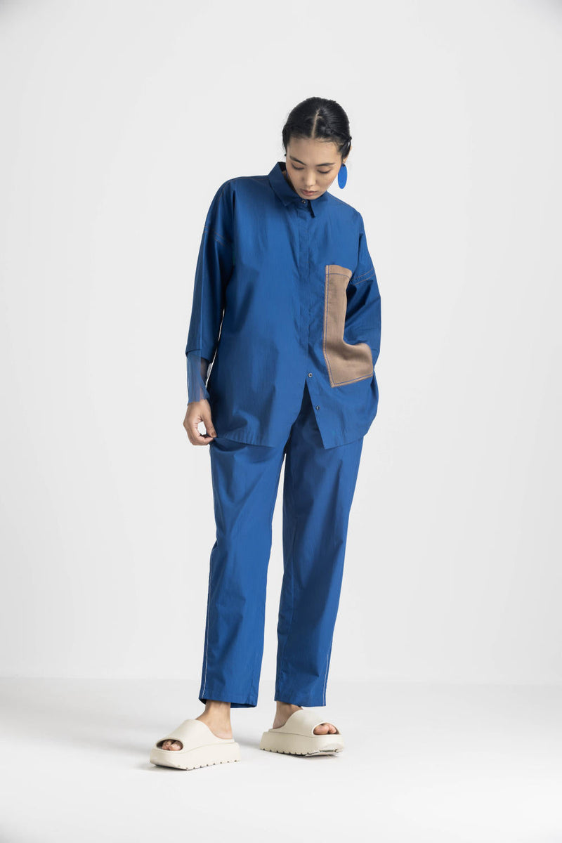 CONTRAST DETAIL SHIRT - ELECTRIC BLUE poplin by THREE in blue color for women Worldwide