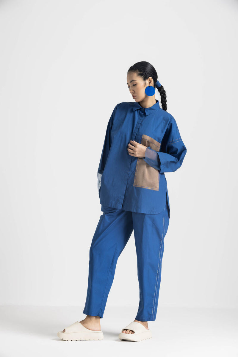 CONTRAST DETAIL SHIRT - ELECTRIC BLUE poplin by THREE in blue color for women Worldwide