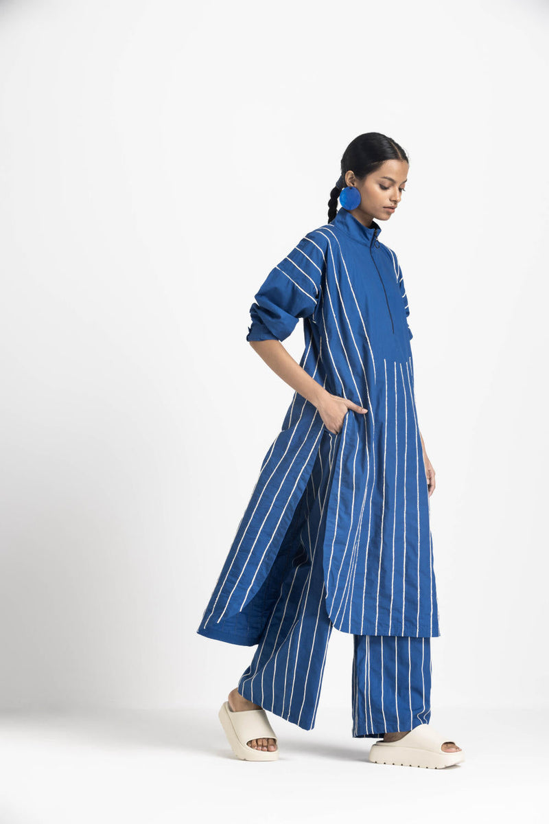 U-YOKE EMBROIDERED TUNIC CO ORD - ELECTRIC BLUE poplin by THREE in blue color for women Worldwide