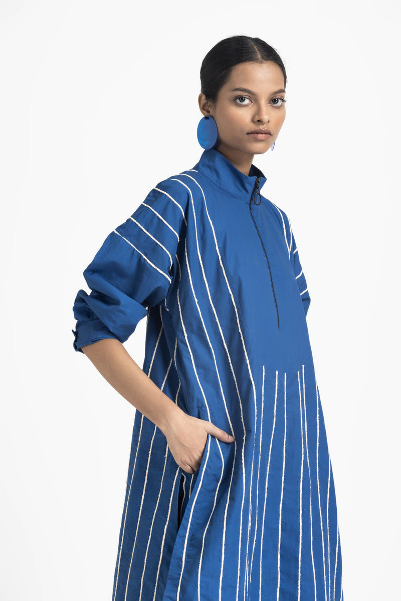 U-YOKE EMBROIDERED TUNIC CO ORD - ELECTRIC BLUE poplin by THREE in blue color for women Worldwide