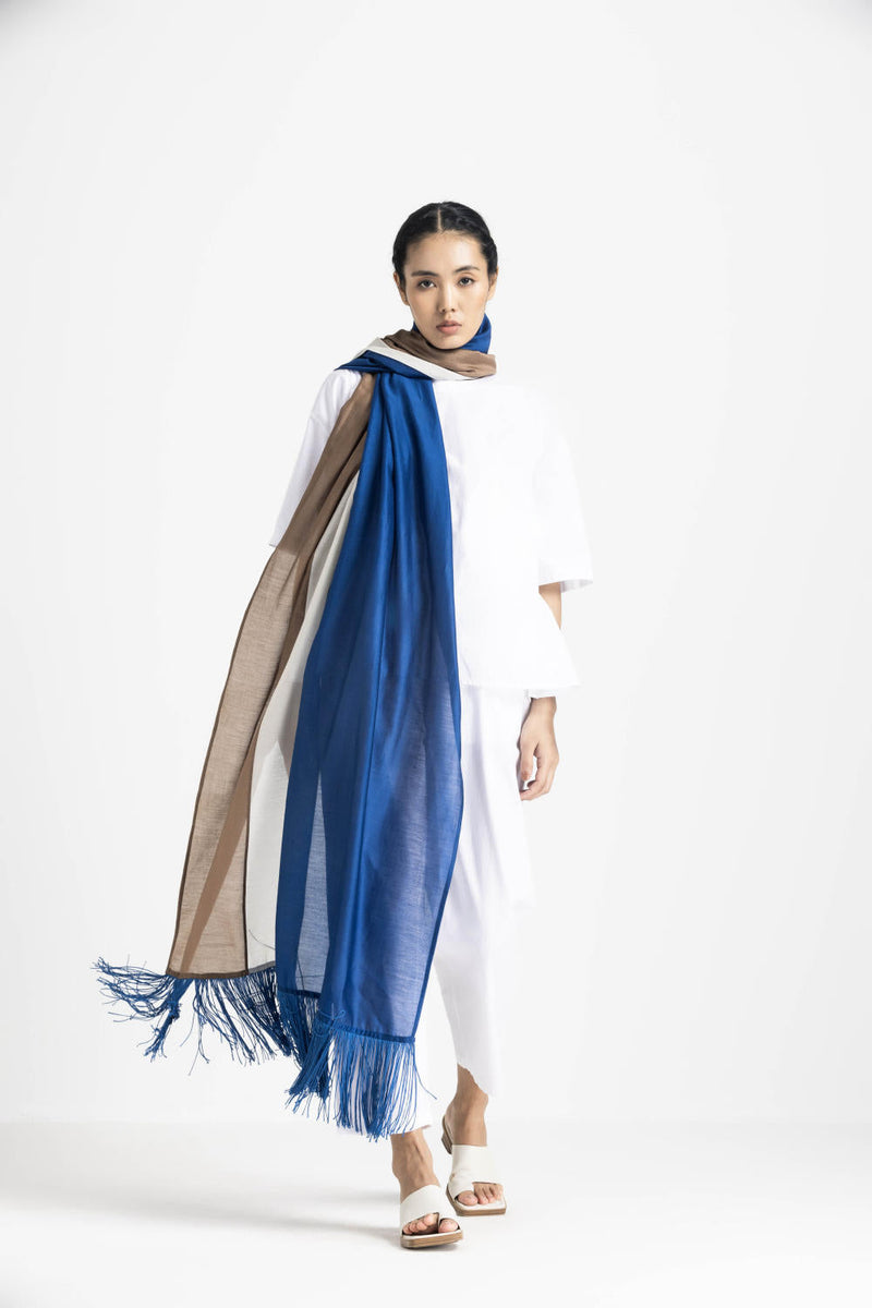 FRINGE SCARF - Electric blue + Ivory Cedar chanderi by THREE for women Worldwide