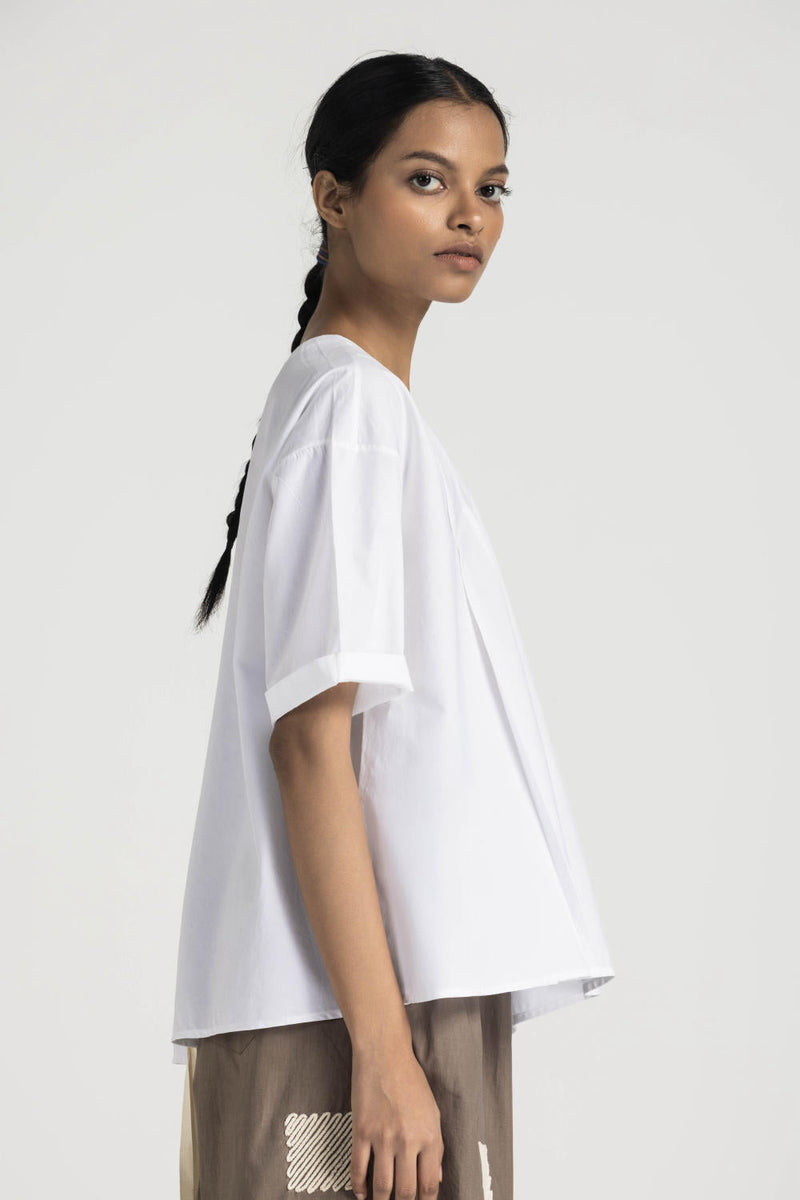ASYMMETRIC PLEAT TOP - WHITE poplin by THREE in white color for women Worldwide