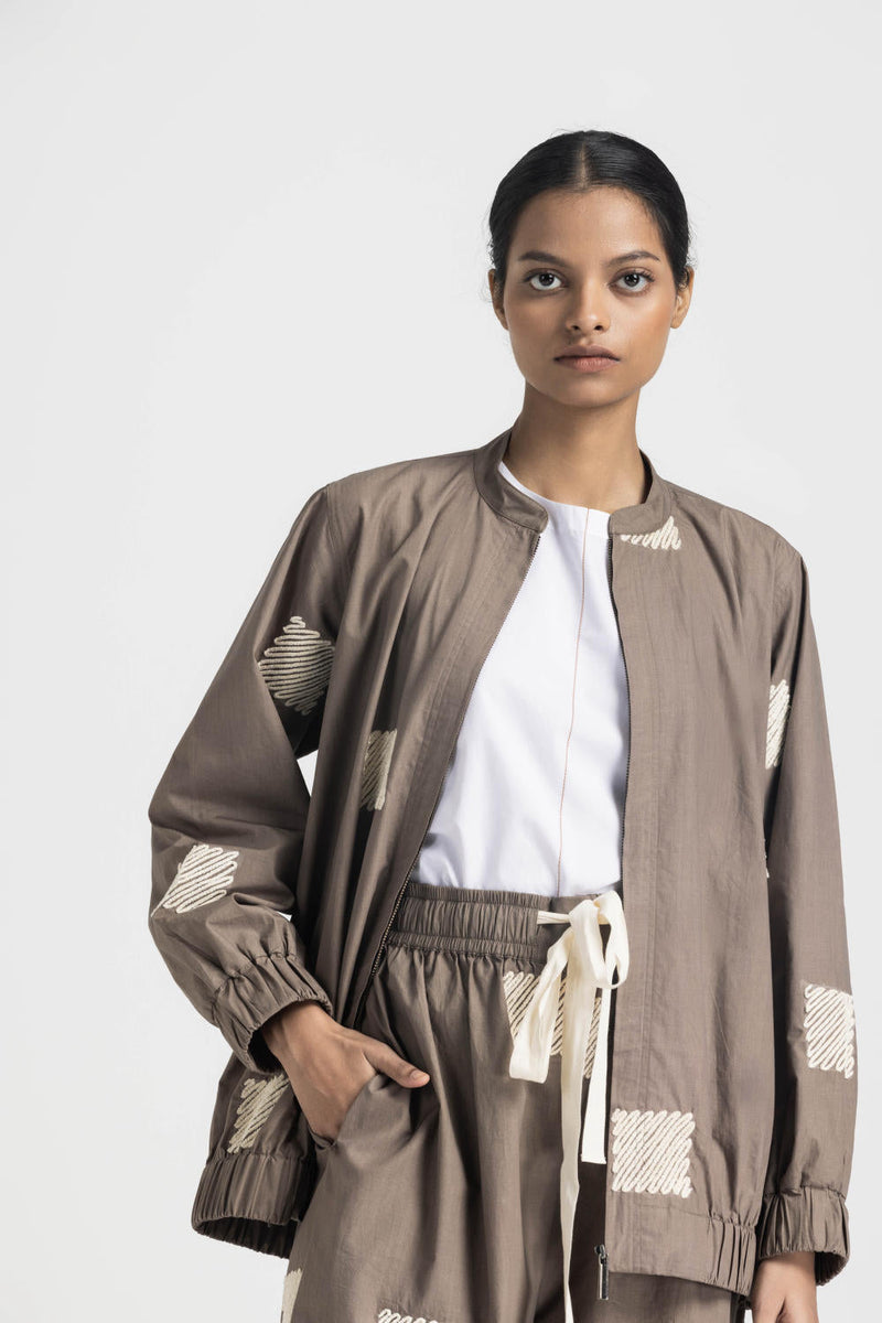 EMB. BOMBER JACKET CO ORD (SET OF 3) - CEDAR poplin by THREE in brown color for women Worldwide