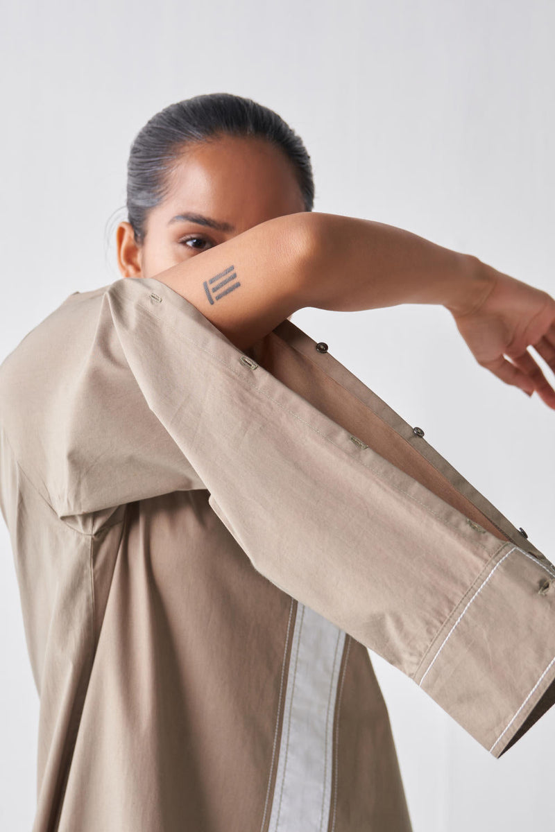 EXTENDED PLACKET TUNIC CO-ORD (SET OF 3) Kurta Sets by THREE in beige color for women Worldwide