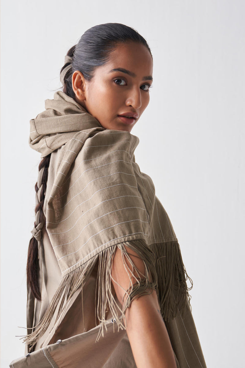 EXTENDED PLACKET TUNIC CO-ORD (SET OF 3) Kurta Sets by THREE in beige color for women Worldwide