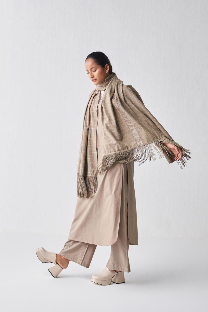 EXTENDED PLACKET TUNIC CO-ORD (SET OF 3) Kurta Sets by THREE in beige color for women Worldwide