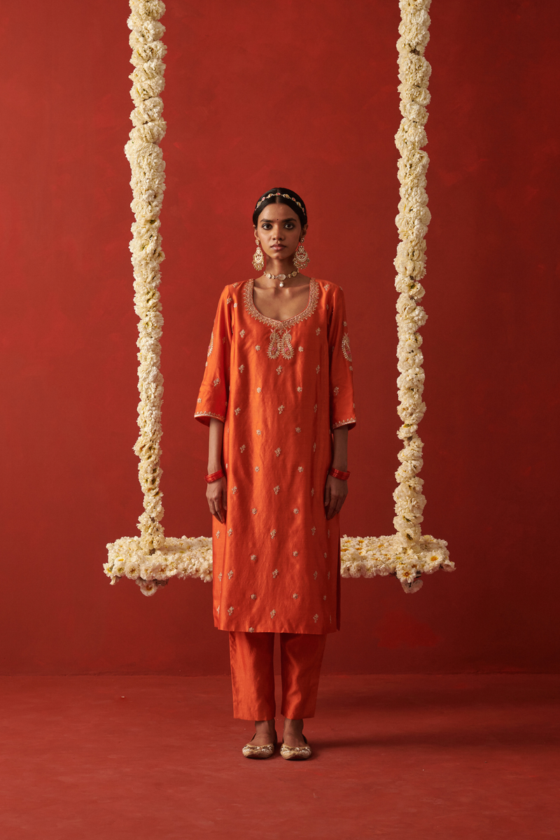 SHAISTA & SUFI KURTA & PANT silk by Rashika Mittal in orange color for women Worldwide