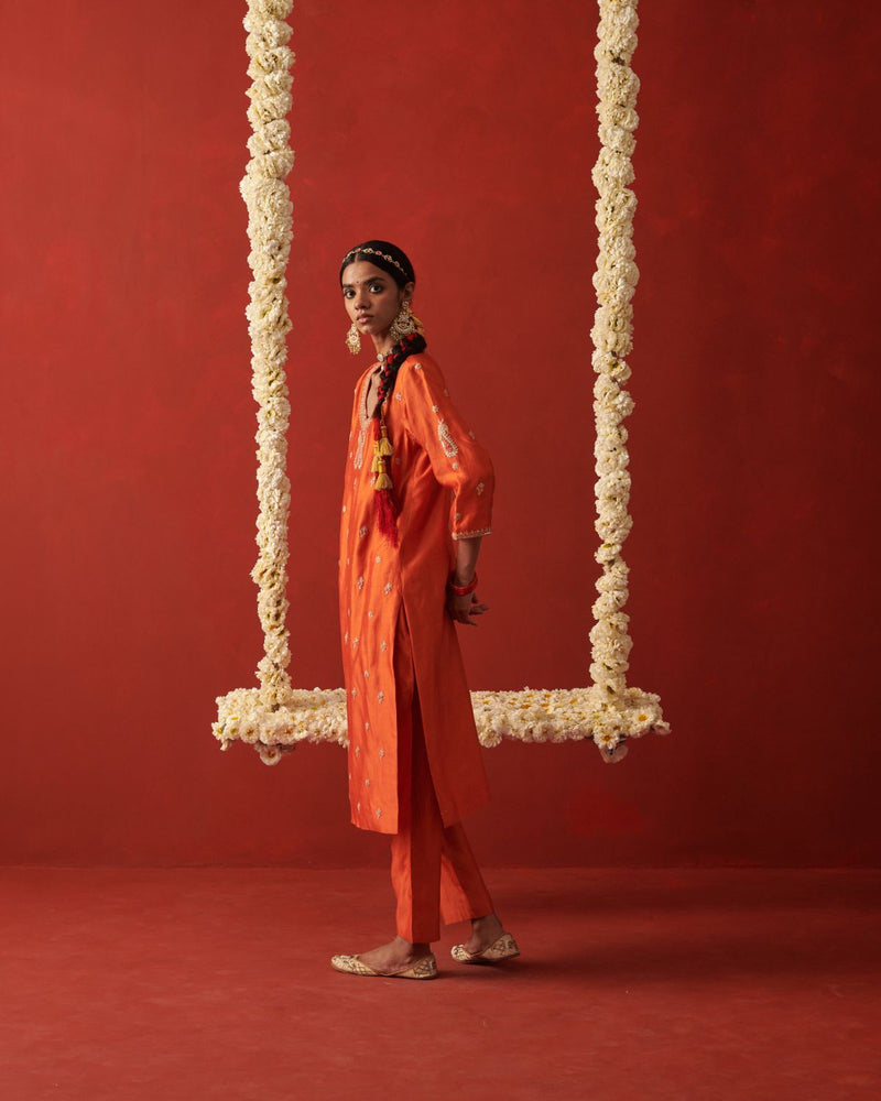 SHAISTA & SUFI KURTA & PANT silk by Rashika Mittal in orange color for women Worldwide