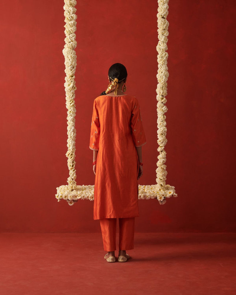 SHAISTA & SUFI KURTA & PANT silk by Rashika Mittal in orange color for women Worldwide
