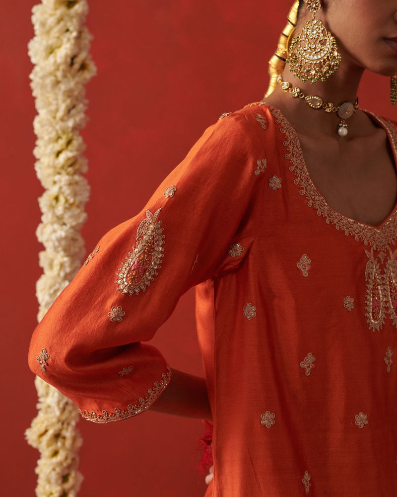 SHAISTA & SUFI KURTA & PANT silk by Rashika Mittal in orange color for women Worldwide