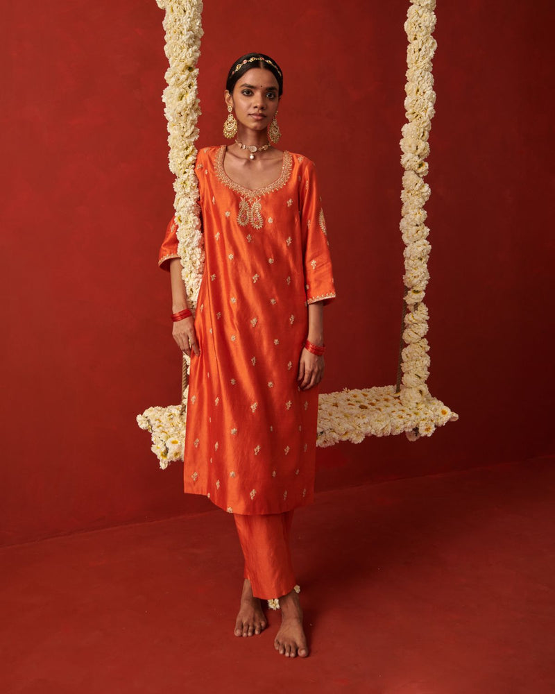 SHAISTA & SUFI KURTA & PANT silk by Rashika Mittal in orange color for women Worldwide